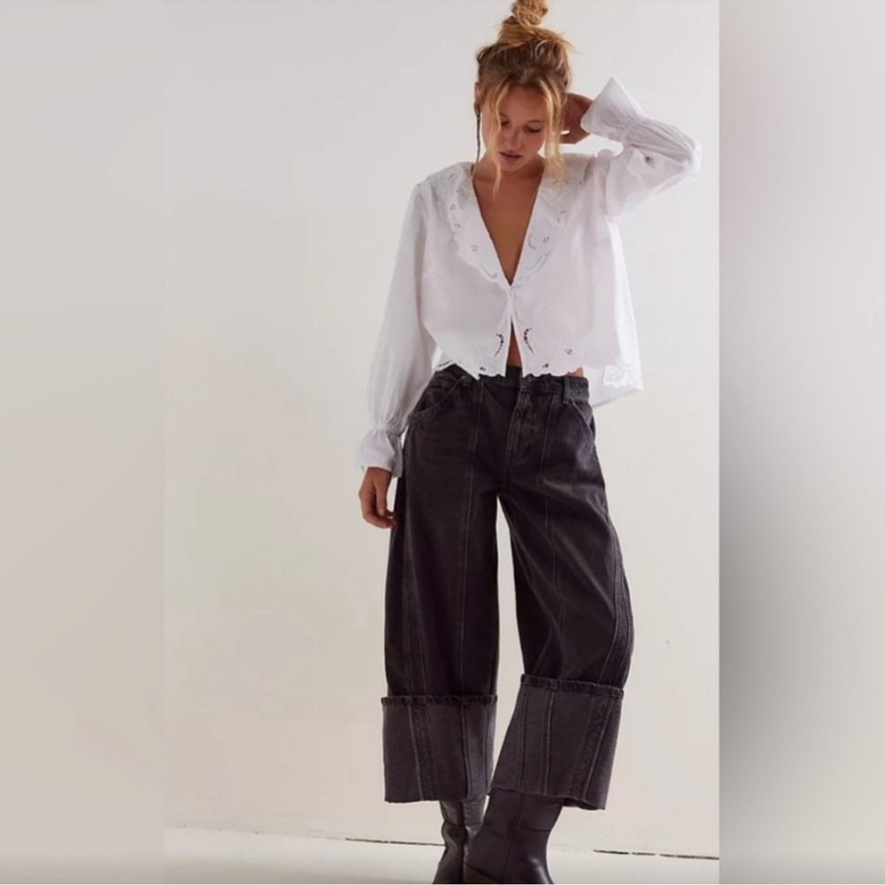 Free People Olsen Cuffed Barrel Jeans Black‎ Denim Size 27